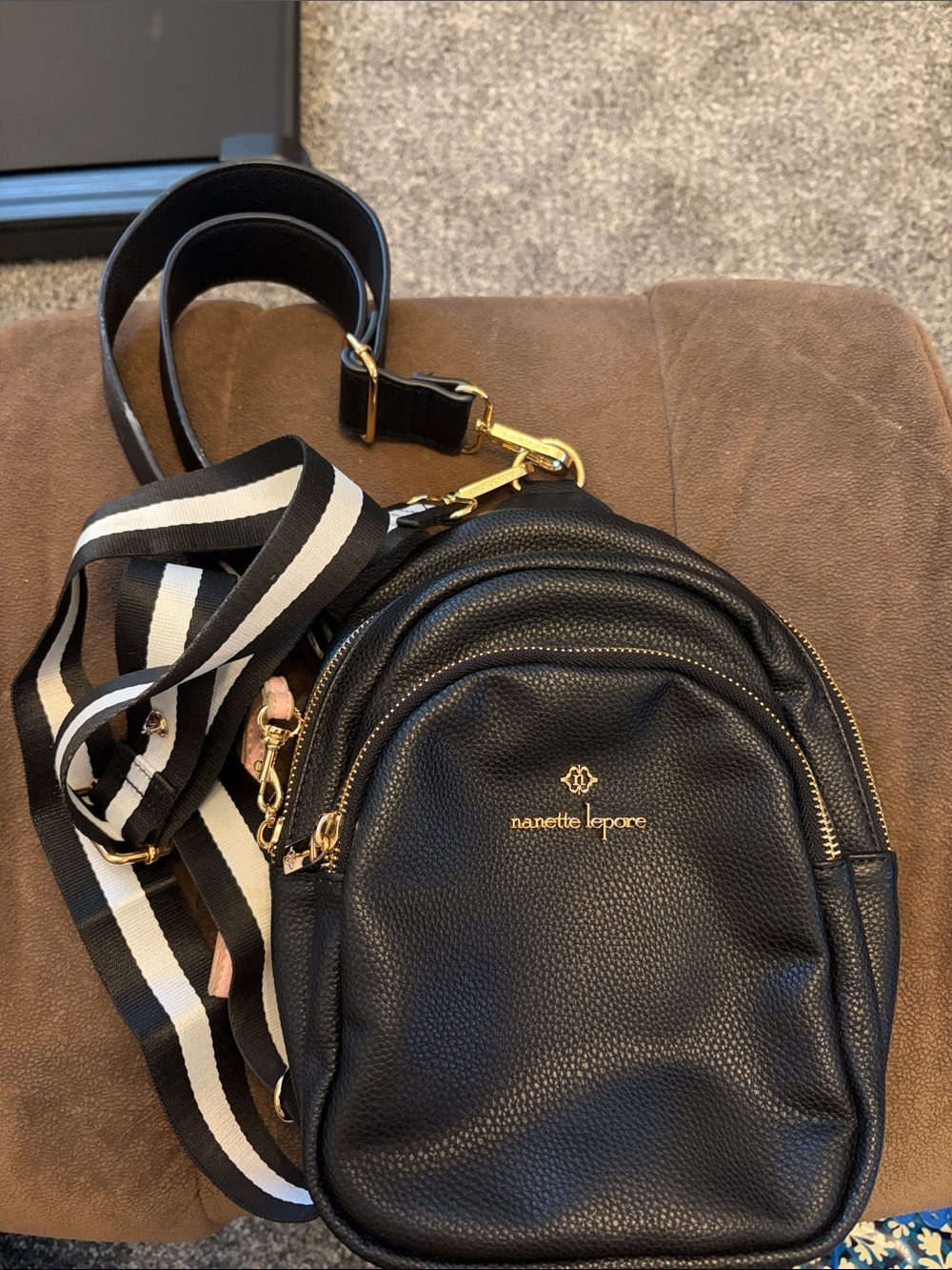Nanette Lepore Black Pebbled Leather Belt Bag with Striped Strap